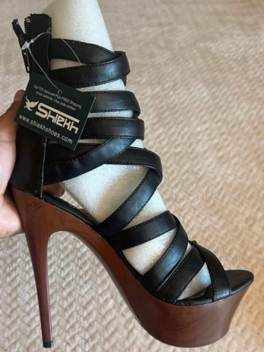 Shiekh Black Strappy Platform Stiletto Sandals with Brown Wood Platform
